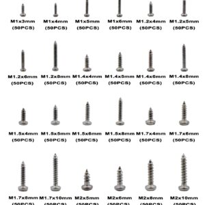 HVAZI 24 Kinds M1 M1.2 M1.4 M1.5 M1.7 M2 304 Stainless Steel Phillips Pan Head Small Self Tapping Screws Assortment Kit