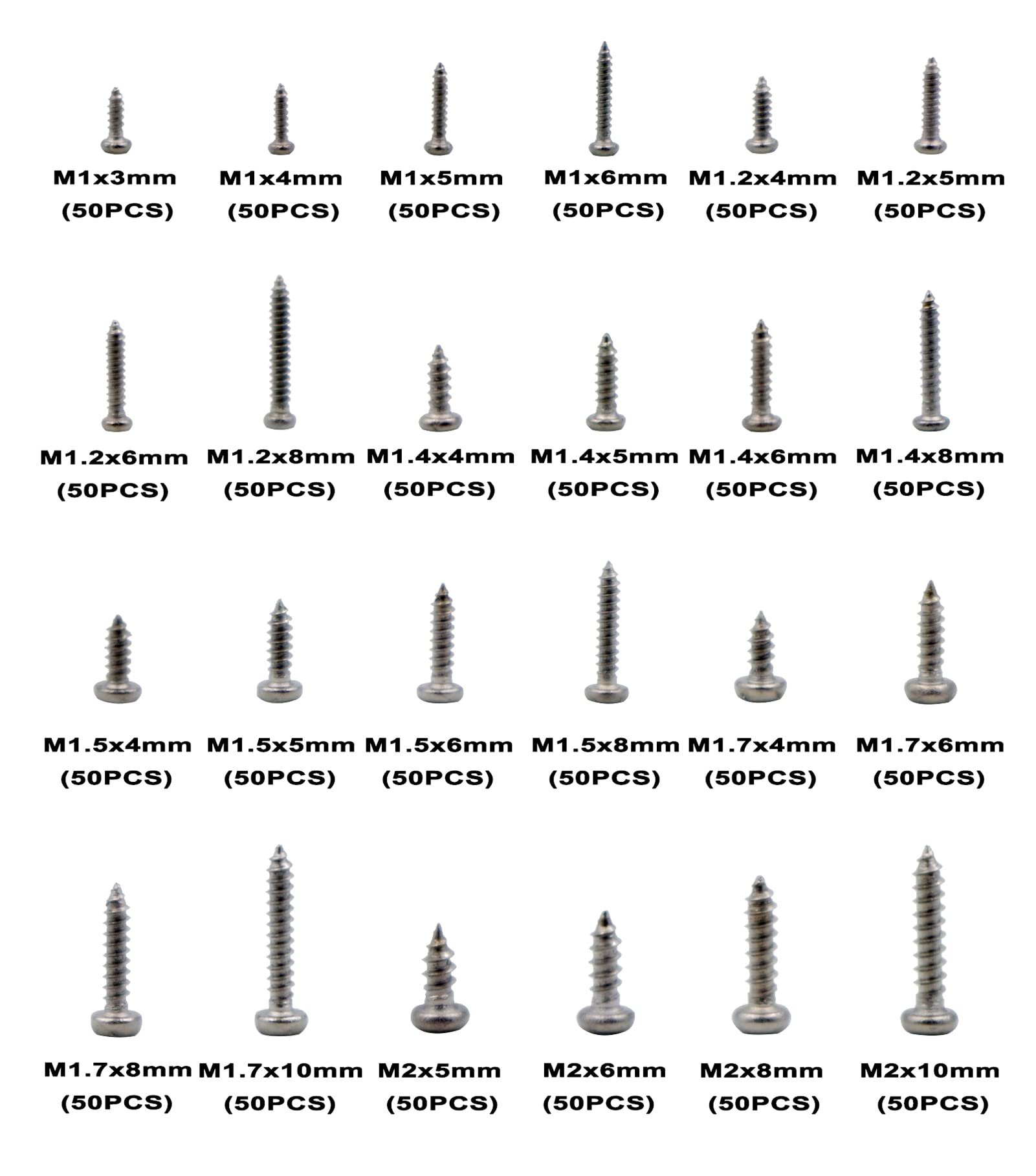 HVAZI 24 Kinds M1 M1.2 M1.4 M1.5 M1.7 M2 304 Stainless Steel Phillips Pan Head Small Self Tapping Screws Assortment Kit