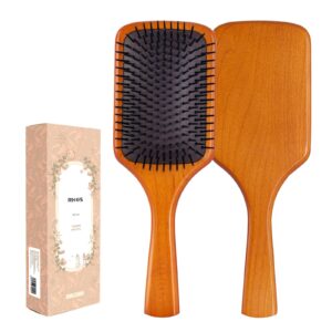 rhos wooden hair brush with nylon bristles, large square hair brush for detangling, massage-cushion brush for thick, curly, thin, long, short hair, all hair types, unisex