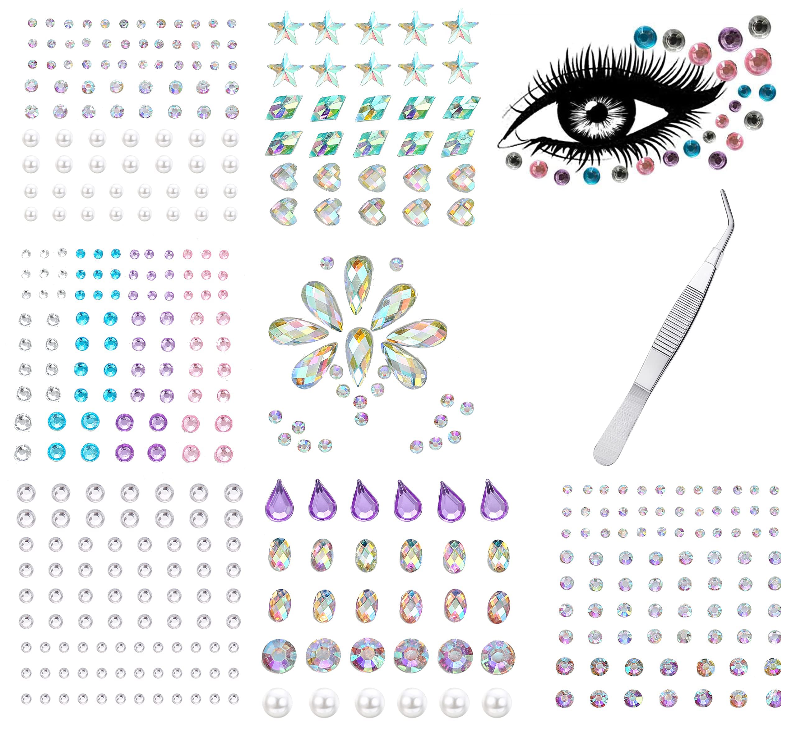 PLOMFOV Face Jewels for Glitter Makeup for Women Face Gems Stick On Rhinestones for Eyes Self-Adhesive Rhinestone Sticker Makeup Rhinestones for Makeup Face Gems Set A