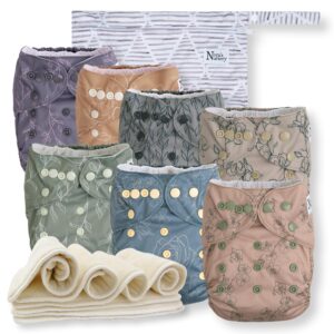 nora's nursery cloth diapers 7 pack with 7 inserts & 1 wet bag - waterproof cover, washable, reusable & one size adjustable pocket diapers for newborns and toddlers - modern blooms