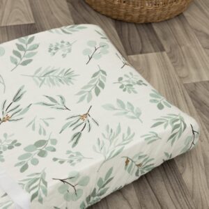 Organic Muslin Changing Pad Cover - Fitted Baby Changing Mat, Soft and Breathable, Eucalyptus Leaves, 16”x32”