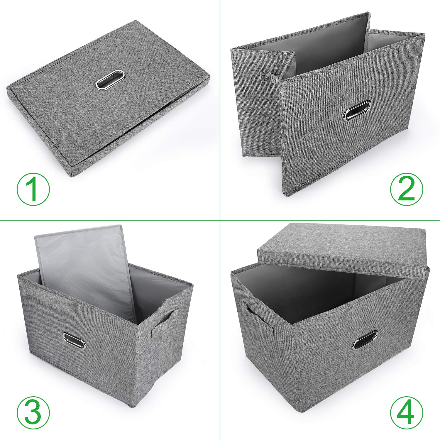 Valease Large Linen Fabric Foldable Storage Bins with Removable Lid and Handles, Washable Storage Box Organizer Containers Baskets Cube with Cover for Bedroom,Closet,Office,Nursery (Grey, Extra Large)