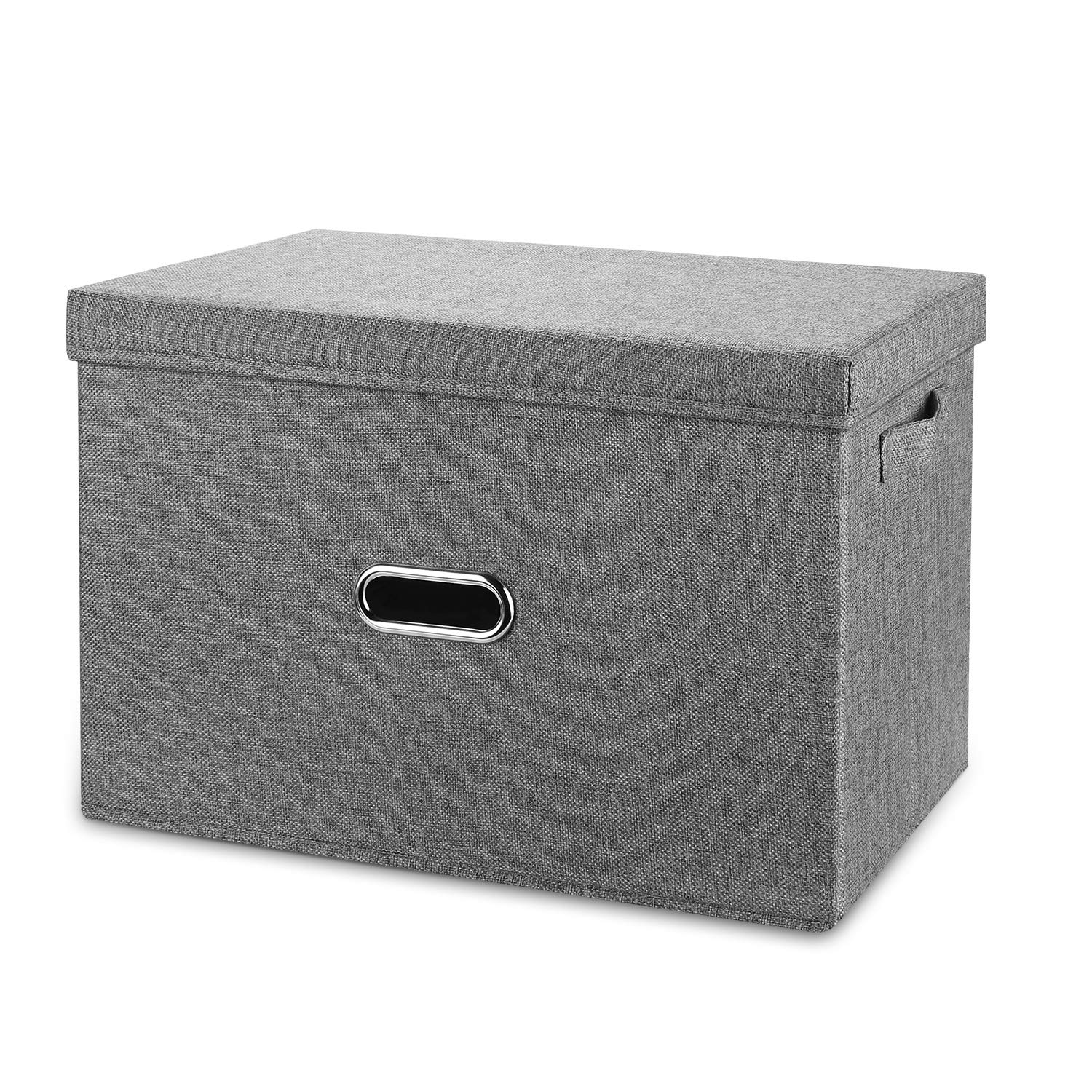 Valease Large Linen Fabric Foldable Storage Bins with Removable Lid and Handles, Washable Storage Box Organizer Containers Baskets Cube with Cover for Bedroom,Closet,Office,Nursery (Grey, Extra Large)