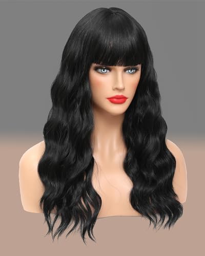 WAVE&BREEZE Black Wigs for Women 18inch Long Wavy Curly Hair Wigs with Bangs Synthetic Replacement Wigs Heat Resistant Fiber Party Costume Wig(18inch Natural Black)