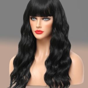 WAVE&BREEZE Black Wigs for Women 18inch Long Wavy Curly Hair Wigs with Bangs Synthetic Replacement Wigs Heat Resistant Fiber Party Costume Wig(18inch Natural Black)