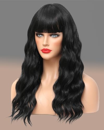 WAVE&BREEZE Black Wigs for Women 18inch Long Wavy Curly Hair Wigs with Bangs Synthetic Replacement Wigs Heat Resistant Fiber Party Costume Wig(18inch Natural Black)