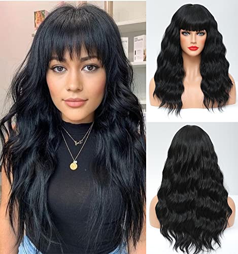 WAVE&BREEZE Black Wigs for Women 18inch Long Wavy Curly Hair Wigs with Bangs Synthetic Replacement Wigs Heat Resistant Fiber Party Costume Wig(18inch Natural Black)