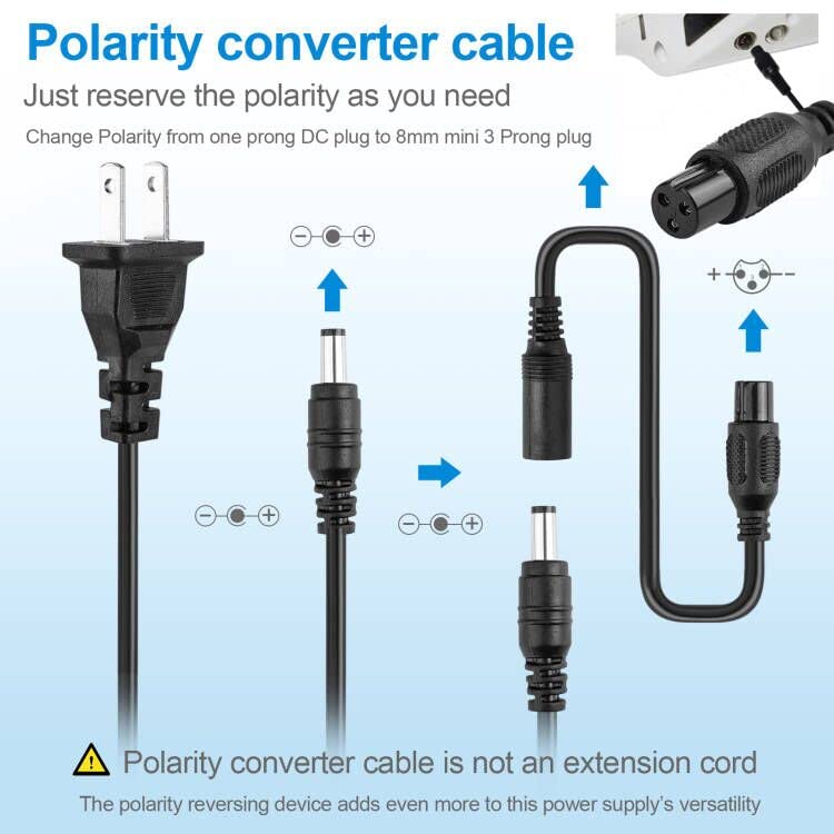 42V 2A Charger Power Adapter DC 1-Prong Connector with 3 Prong 8mm Converter for 36V Li-ion Battery Charger Compatible with Gotrax APEX Cityscape Ebike