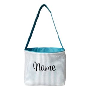 sona g designs seersucker stripe fabric easter basket bucket tote bag - toys egg collecting (aqua with embroidered name)