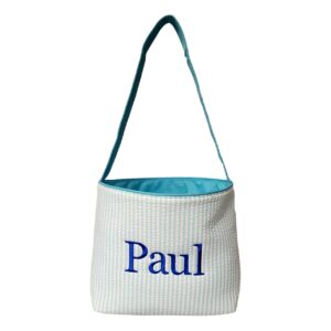 SONA G DESIGNS Seersucker Stripe Fabric Easter Basket Bucket Tote Bag - Toys Egg Collecting (Aqua with Embroidered Name)