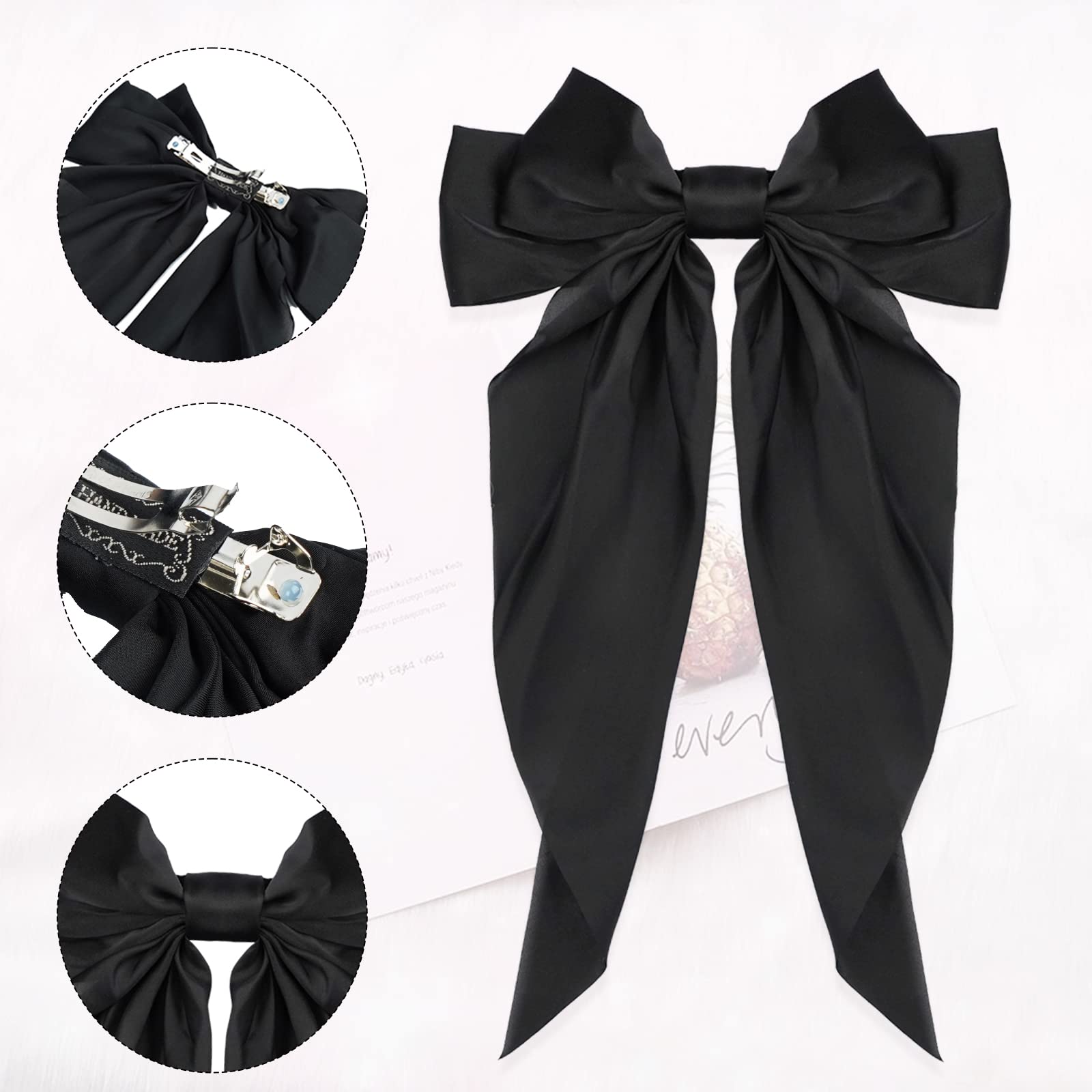 Ambesi Big Satin Silky Hair Barrettes 2pcs, Long Tail French Bow Barrettes for Women Girl, Black Milky White Hair Accessories for Birthday/Party/Show/Christmas/Independence Day