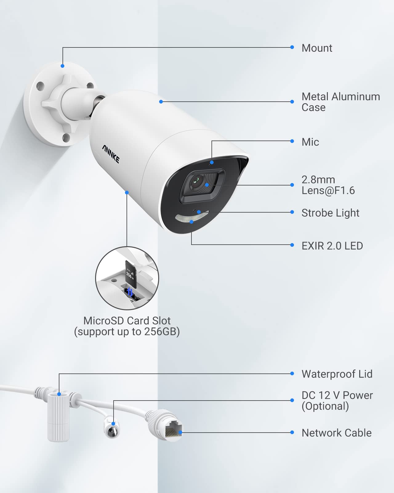 ANNKE AC800 4K Security Camera Outdoor, Surveillance IP PoE Camera with Human/Vehicle Detection, Strobe & Spotlight Alarms, Two-Way Audio, 130 ft Night Vision, Support Up to 256GB MicroSD Card