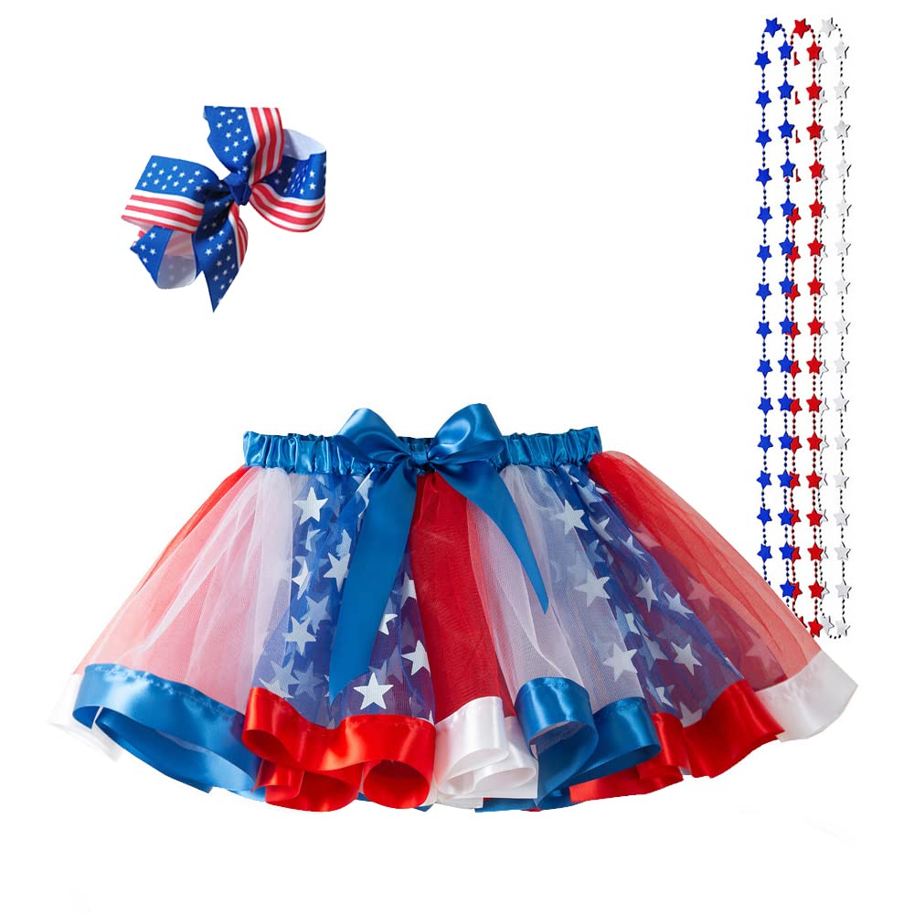 ENASGLOO Girls 4th of July American US Flag Tutu Skirts with Red White Blue Stars Necklace Patriotic Hair Bows Clips