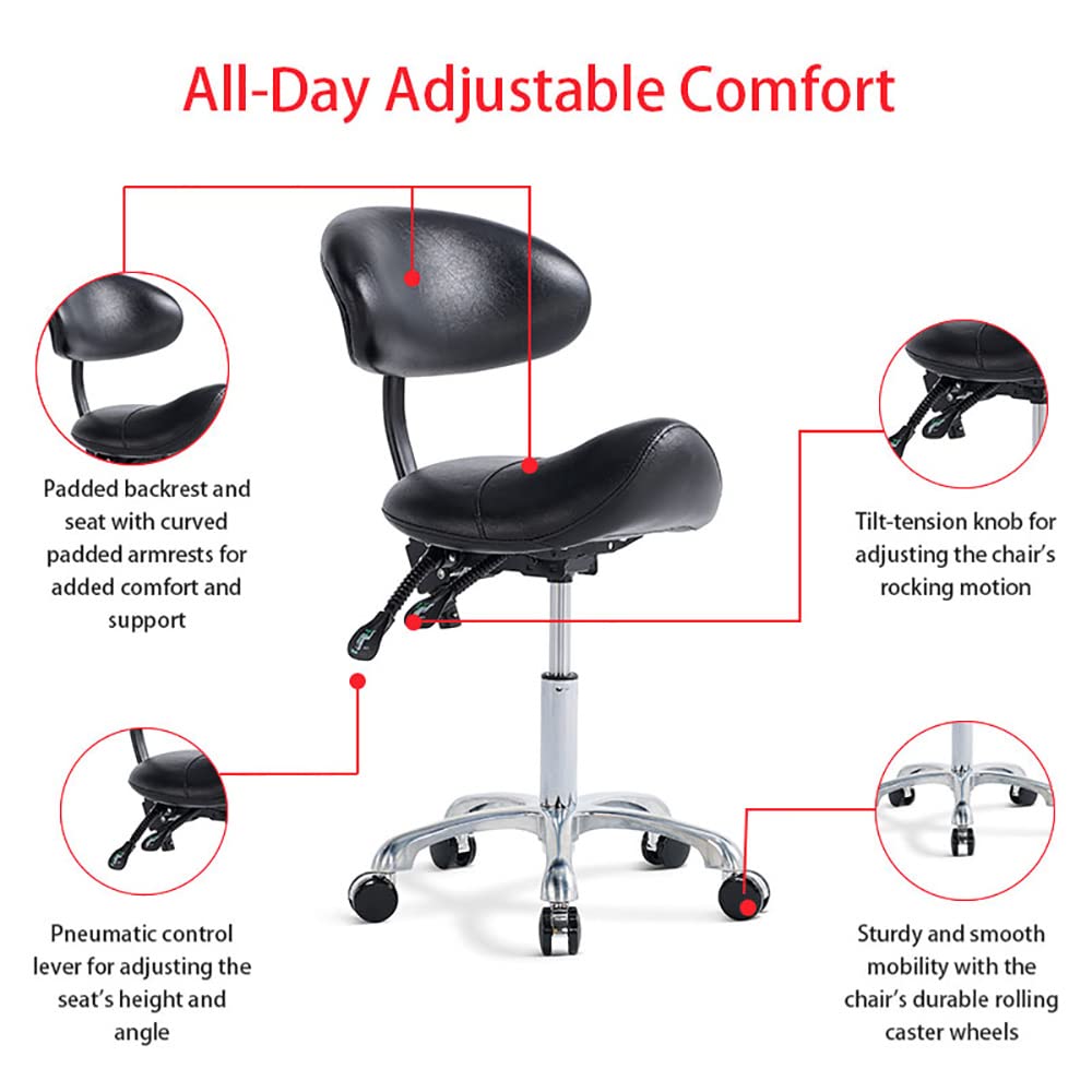 MWOSEN Saddle Stool Chair with Back Rolling Esthetician Seat for Salon Tattoo Shop Spa Facial lash Home Dentist Clinic Esthetician Chair(with Back Support, Black)