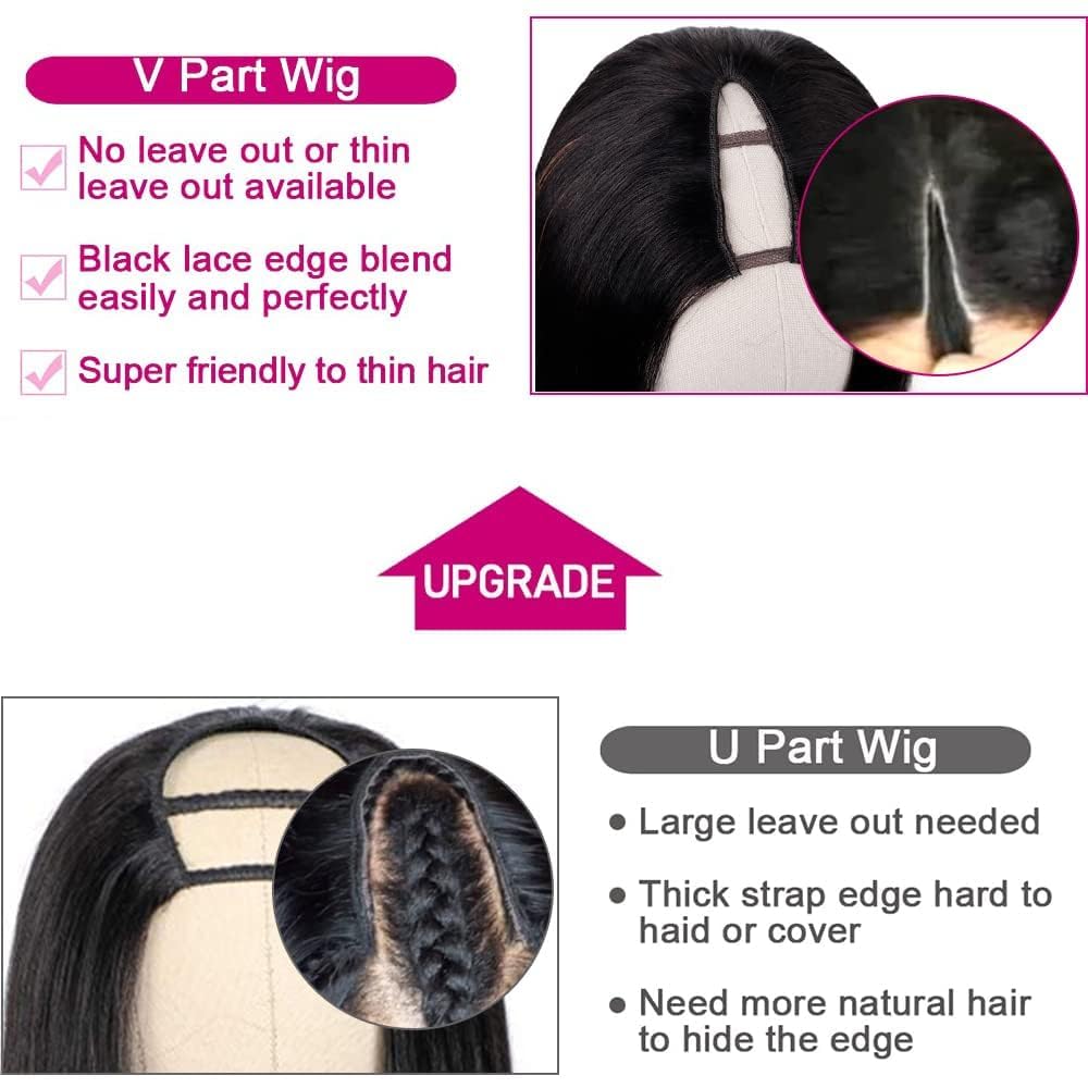 22Inch V Part Wigs Human Hair Straight Brazilian Human Hair Wigs for Black Women Upgrade U Part Wigs No Sew in NO Glue 180% Density Natural Color