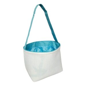 SONA G DESIGNS Seersucker Stripe Fabric Easter Basket Bucket Tote Bag - Toys Egg Collecting (Aqua with Embroidered Name)