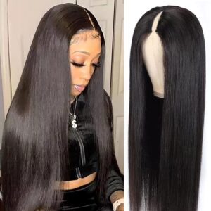 22inch v part wigs human hair straight brazilian human hair wigs for black women upgrade u part wigs no sew in no glue 180% density natural color