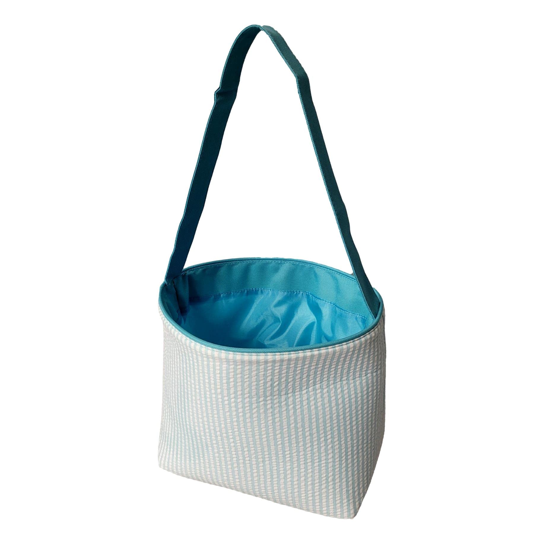 SONA G DESIGNS Seersucker Stripe Fabric Easter Basket Bucket Tote Bag - Toys Egg Collecting (Aqua with Embroidered Name)