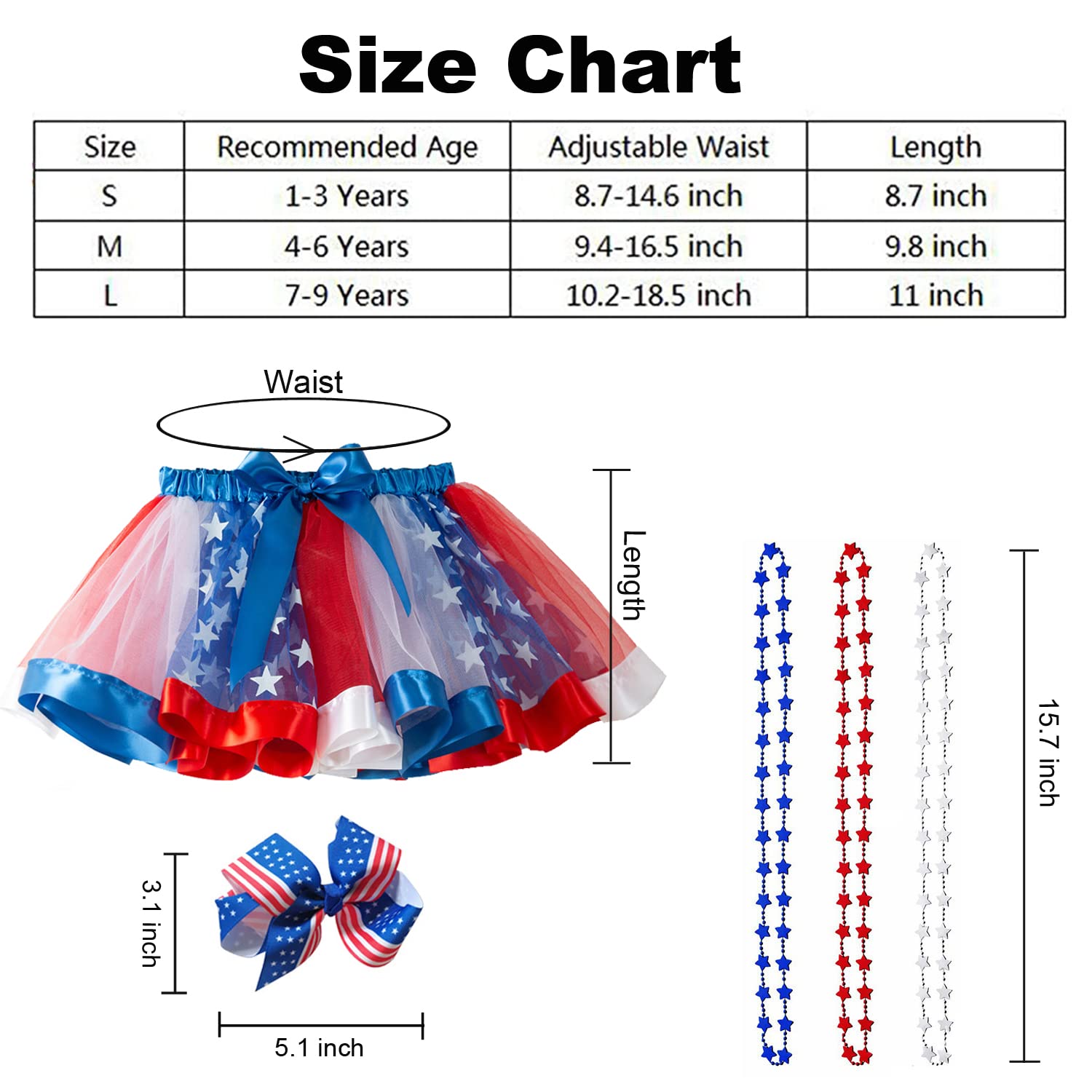 ENASGLOO Girls 4th of July American US Flag Tutu Skirts with Red White Blue Stars Necklace Patriotic Hair Bows Clips