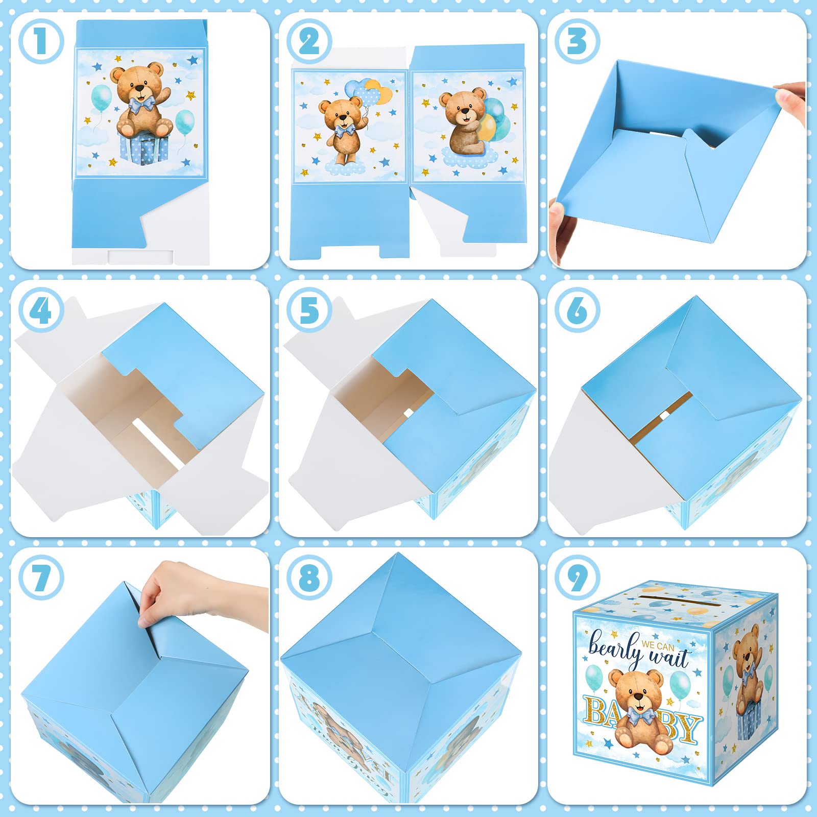 Spakon 51 Pieces Bear Diaper Raffle Tickets with Diaper Raffle Card Box for Baby Shower Decorations Diaper Raffle Sign Blue Bear Themed Insert Card Advice and Wishes Diaper Raffle Insert Ticket