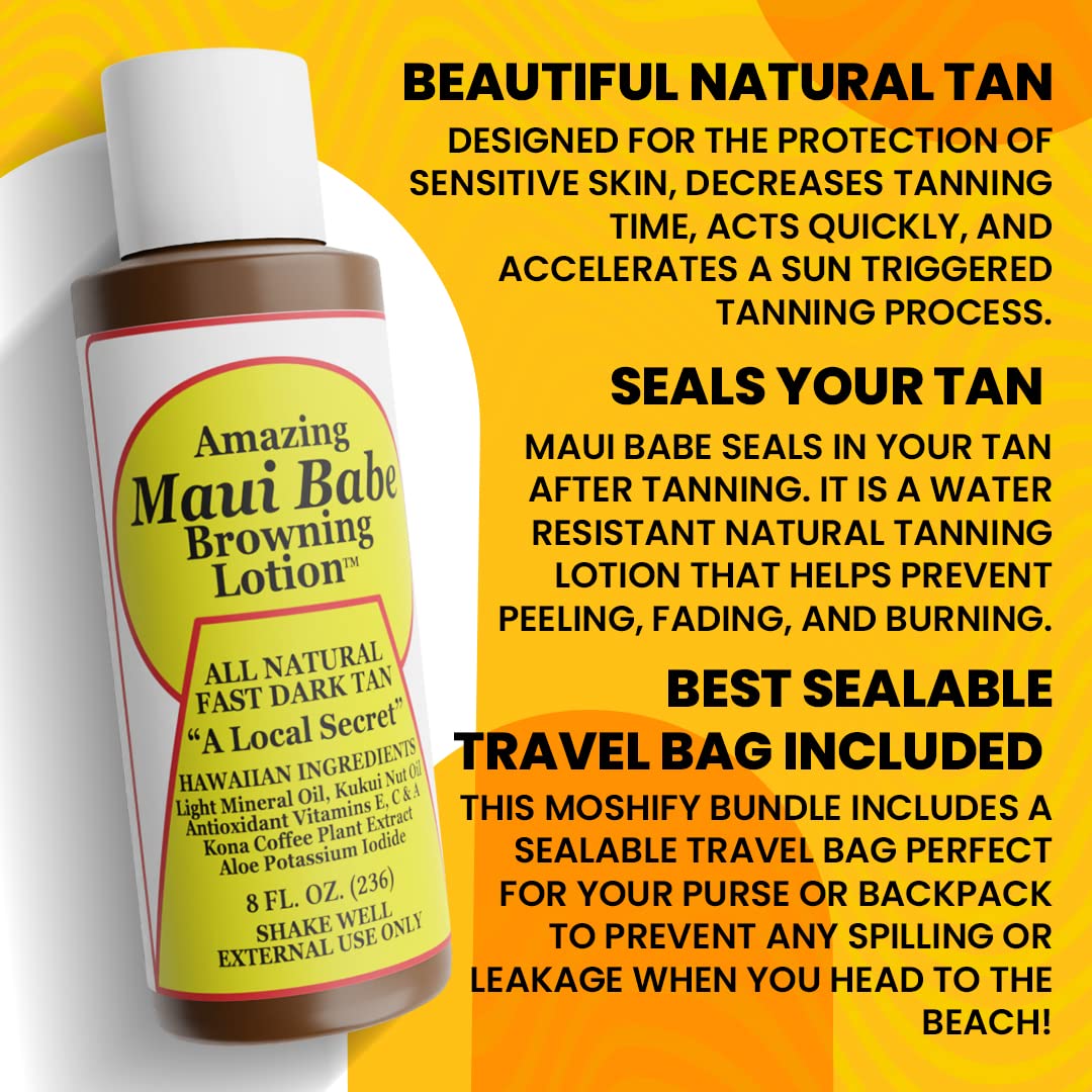 Maui Babe Browning Lotion for Beautiful Natural Tan 8fl oz - Seals Your Tan - Tanning Accelerator Made in Hawaii - Bundled with Moshify Travel Pouch (1 Pack)