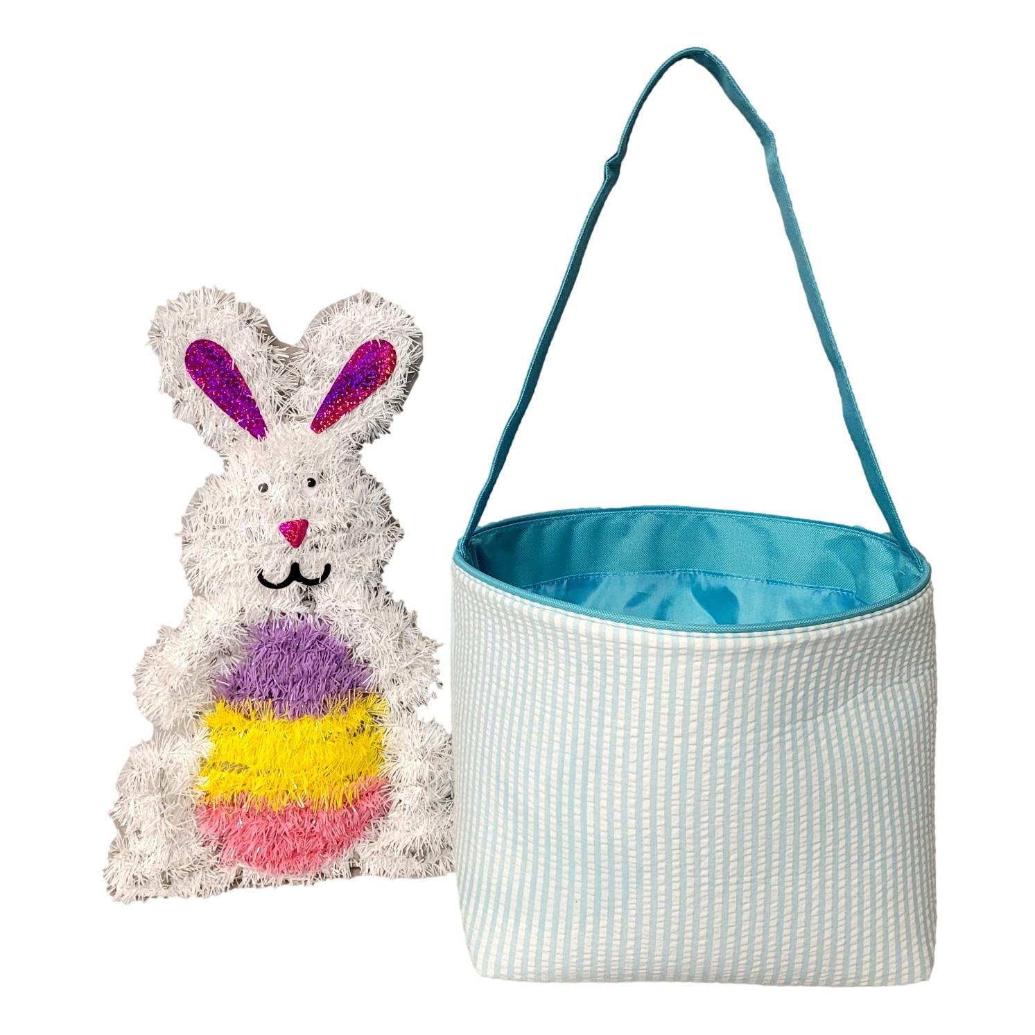 SONA G DESIGNS Seersucker Stripe Fabric Easter Basket Bucket Tote Bag - Toys Egg Collecting (Aqua with Embroidered Name)