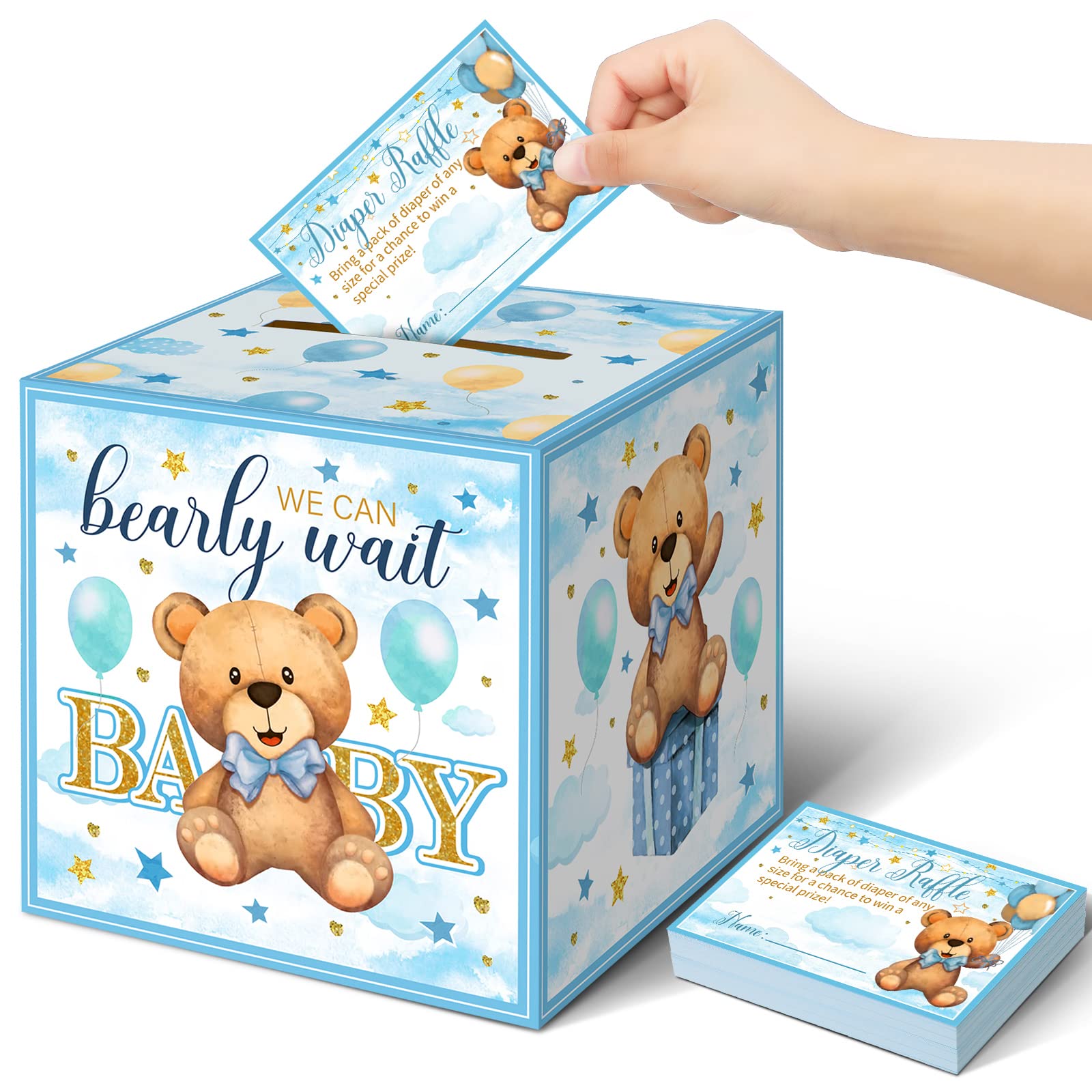 Spakon 51 Pieces Bear Diaper Raffle Tickets with Diaper Raffle Card Box for Baby Shower Decorations Diaper Raffle Sign Blue Bear Themed Insert Card Advice and Wishes Diaper Raffle Insert Ticket