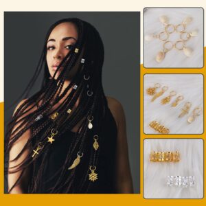 Nafaboig 200PCS Hair Beads for Women Braids, Loc Jewelry for Hair, Dreadlocks Accessories, Metal Gold Silver Clips Cuffs Coils Shells Rings for Hair Braiding Beard Decoration for Girls Women