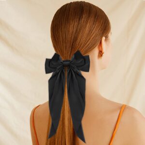 Ambesi Big Satin Silky Hair Barrettes 2pcs, Long Tail French Bow Barrettes for Women Girl, Black Milky White Hair Accessories for Birthday/Party/Show/Christmas/Independence Day