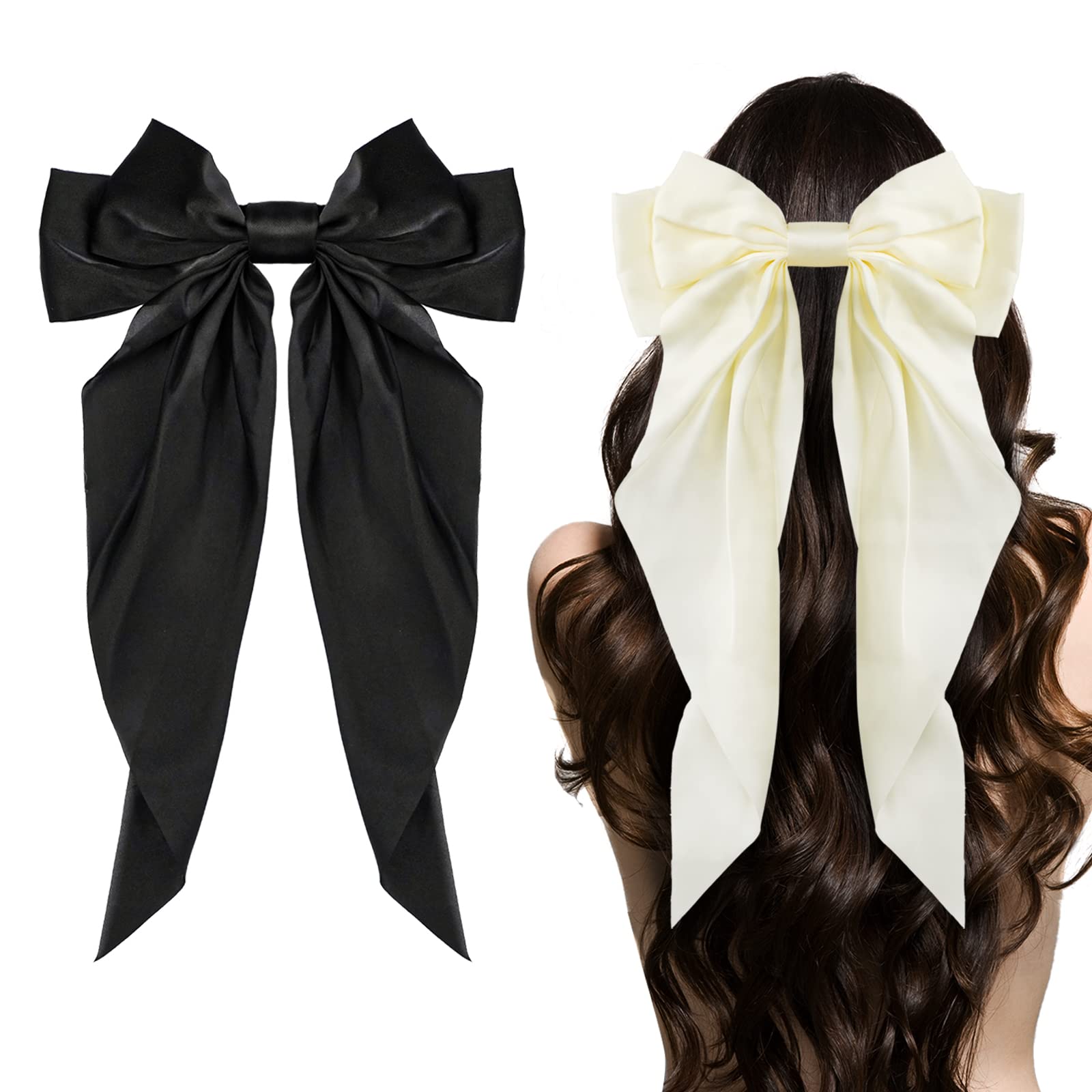 Ambesi Big Satin Silky Hair Barrettes 2pcs, Long Tail French Bow Barrettes for Women Girl, Black Milky White Hair Accessories for Birthday/Party/Show/Christmas/Independence Day