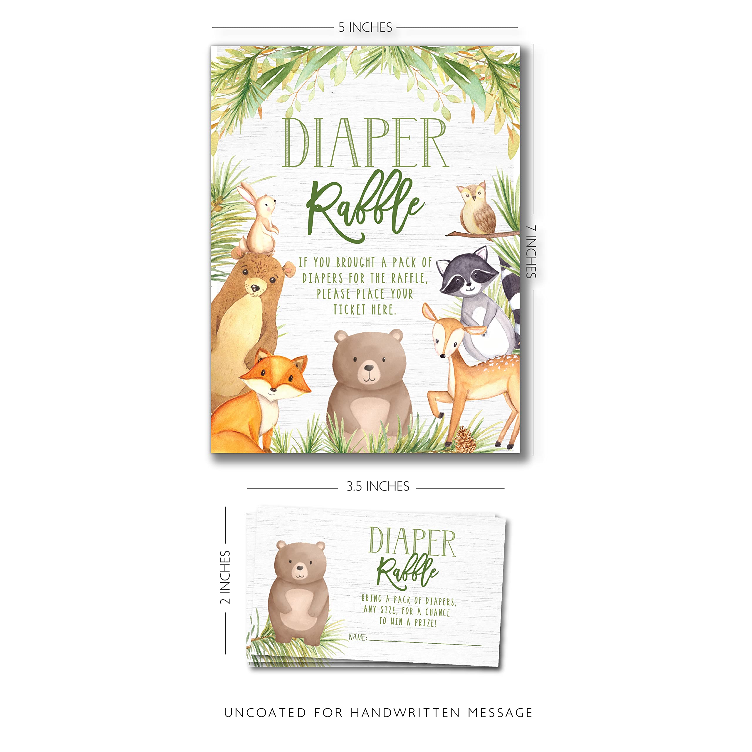 Your Main Event Prints Woodland Baby Shower Diaper Raffle Set - Self-Standing Sign with Matching Raffle Cards - Adorable Forest Animal Theme - Ideal for Nature-Themed Baby Showers