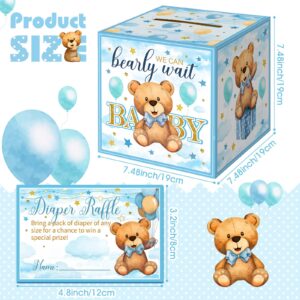 Spakon 51 Pieces Bear Diaper Raffle Tickets with Diaper Raffle Card Box for Baby Shower Decorations Diaper Raffle Sign Blue Bear Themed Insert Card Advice and Wishes Diaper Raffle Insert Ticket