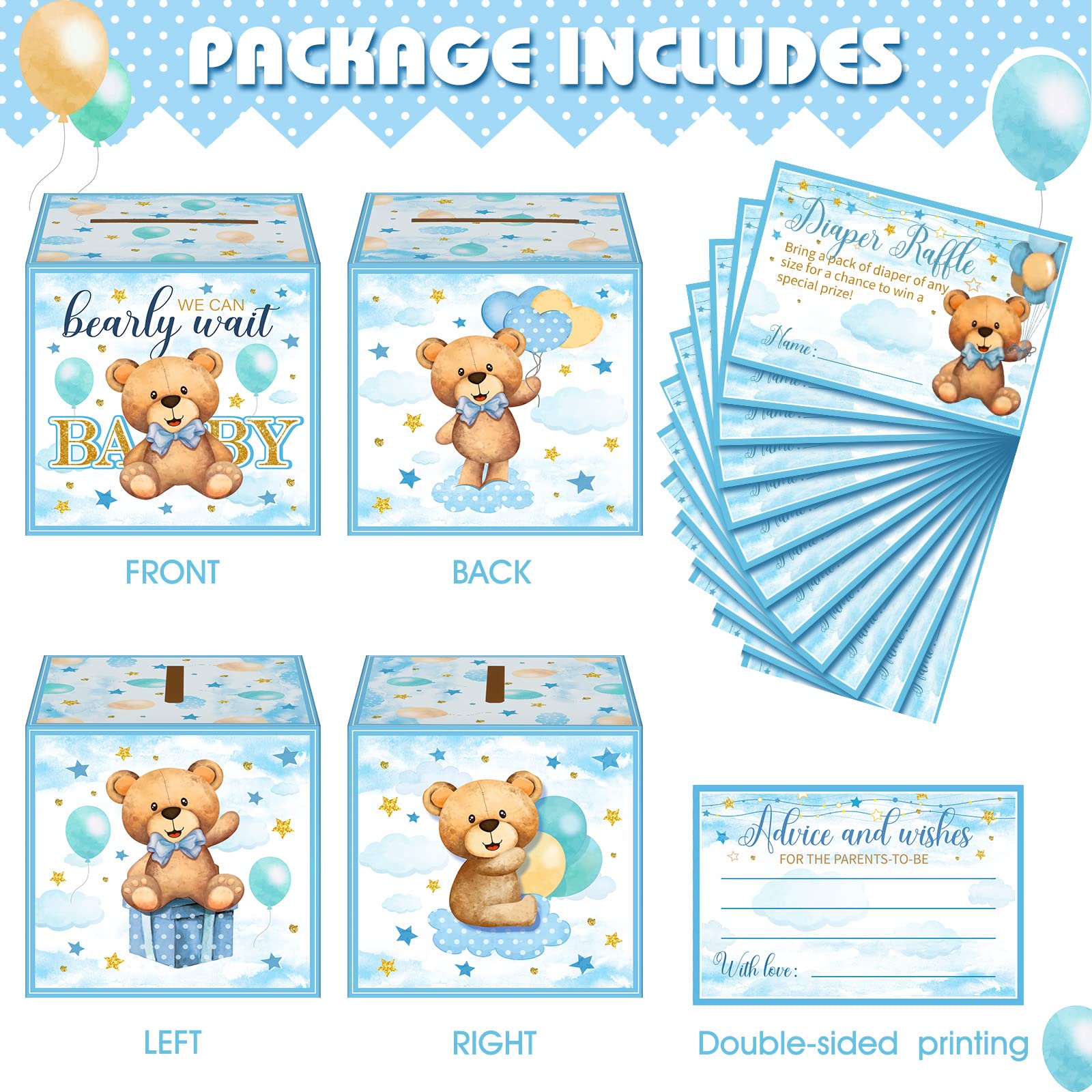 Spakon 51 Pieces Bear Diaper Raffle Tickets with Diaper Raffle Card Box for Baby Shower Decorations Diaper Raffle Sign Blue Bear Themed Insert Card Advice and Wishes Diaper Raffle Insert Ticket