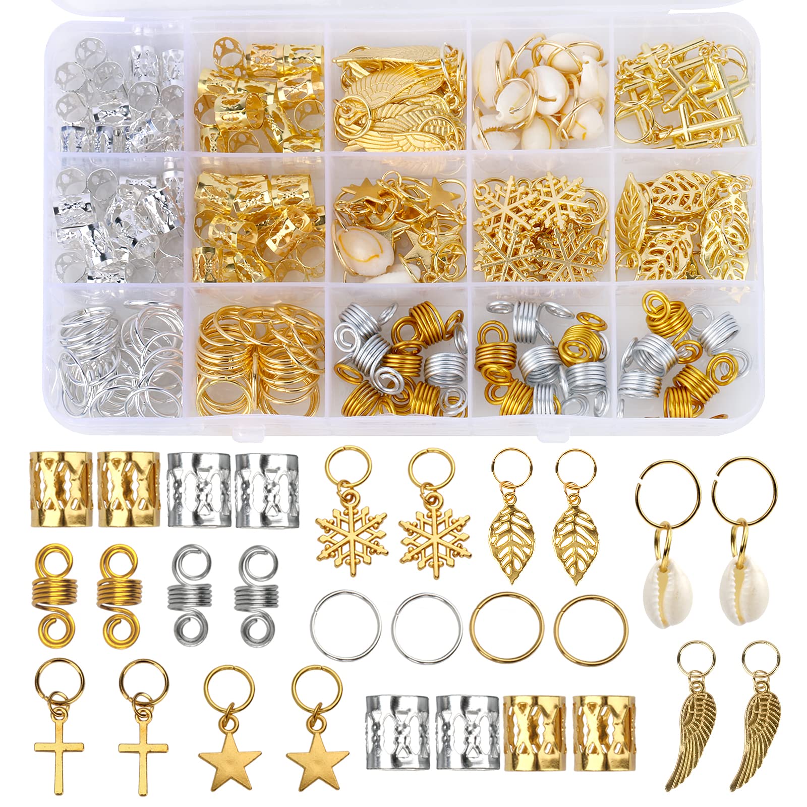 Nafaboig 200PCS Hair Beads for Women Braids, Loc Jewelry for Hair, Dreadlocks Accessories, Metal Gold Silver Clips Cuffs Coils Shells Rings for Hair Braiding Beard Decoration for Girls Women