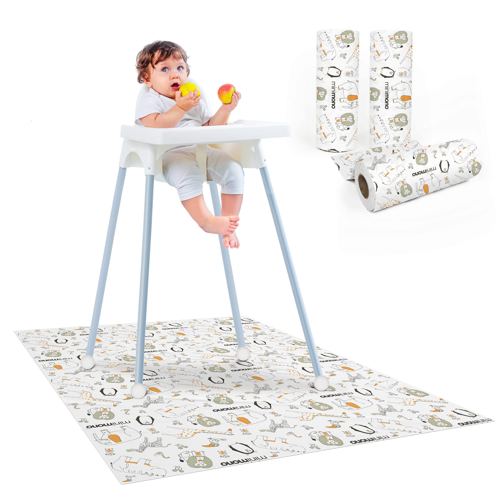 Minimono Baby Splat Mat for Under High Chair - 30 Pcs Disposable and Waterproof Splash Mats - 40"x47" Multipurpose Activity Mat for Picnic Art Craft - Baby Led Weaning Supplies (Penguins)