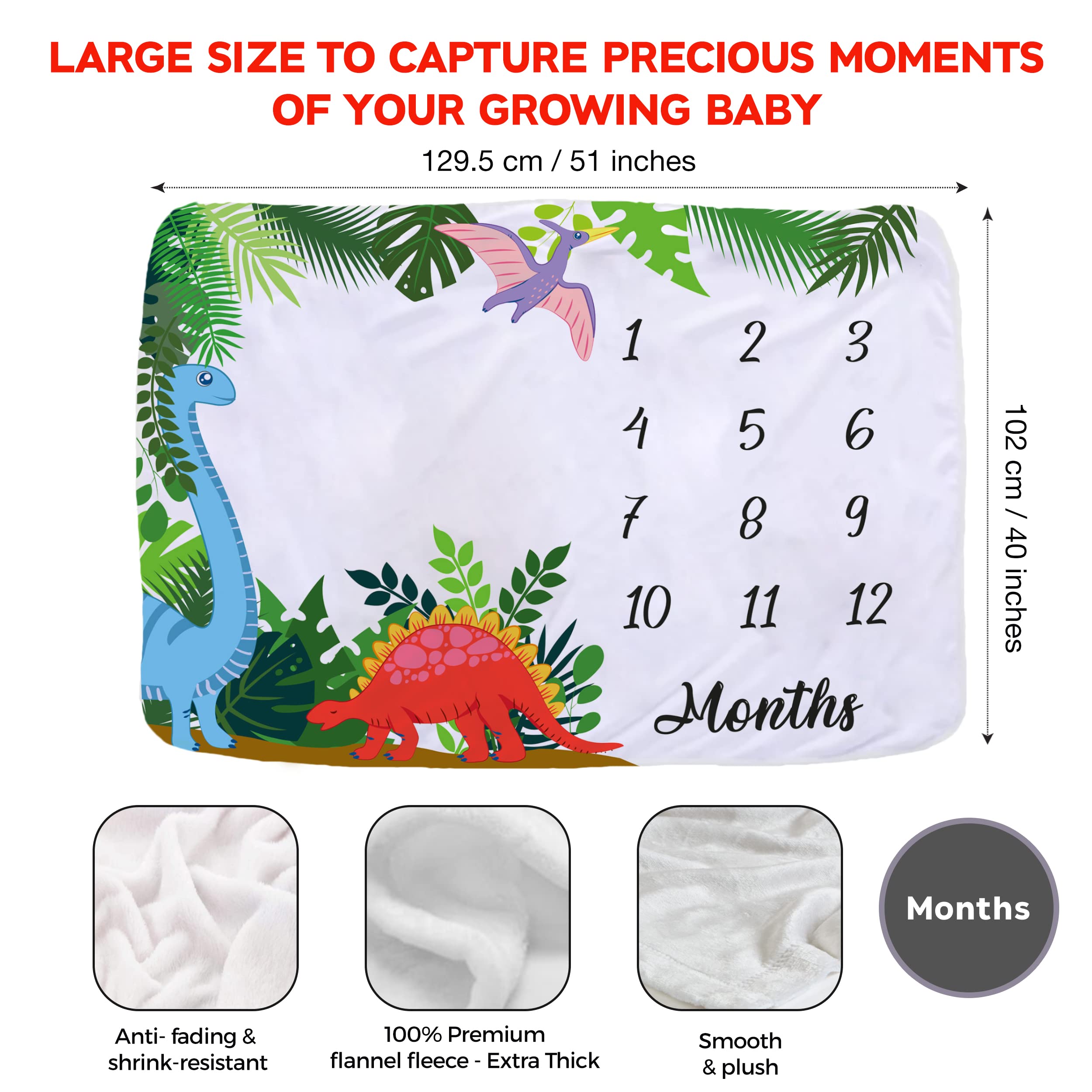 Baby Monthly Milestone Blanket for Boys and Girls 60 x 40 Inch Thick Fleece Baby Month Blanket with 2 Felt Frames Newborn Photography Prop Photo Blanket Moon and Star (Dinosaur)