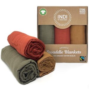 kishu baby indi gots organic muslin swaddle blanket gift set in earthy, gender neutral colors - stone washed for extra softness – fairtrade certified, xl 47 in x 47 in (dark olive, rust, caramel)