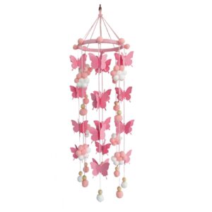 baby crib mobile, cute butterfly wind chime, handmade felt ball mobile ceiling mobile hanging decoration for newborn nursery, baby nursery room decor(pink)