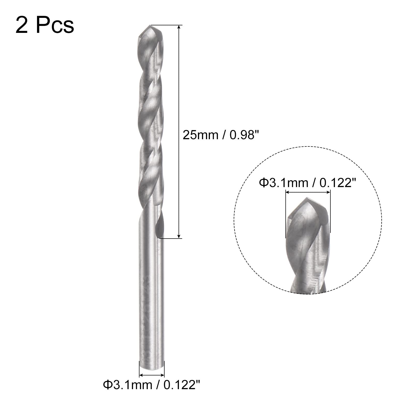 uxcell Solid Carbide Drill Bits, 3.1mm C2/K20 Tungsten Carbide Jobber Drill Bits Straight Shank Drilling Tool for Stainless Steel Aluminum Iron Metal Plastic 2pcs