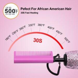 LURA Pink 180-500°F Hot Comb Electric for Wigs, Straightening for African American Hair,Pressing for Natural Black, Bling Diamonds Straightener Brush for Women Thick Hair…