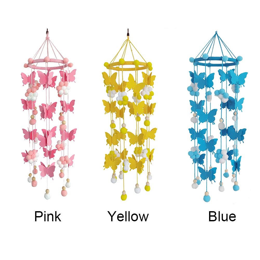 Baby Crib Mobile, Cute Butterfly Wind Chime, Handmade Felt Ball Mobile Ceiling Mobile Hanging Decoration for Newborn Nursery, Baby Nursery Room Decor(Pink)