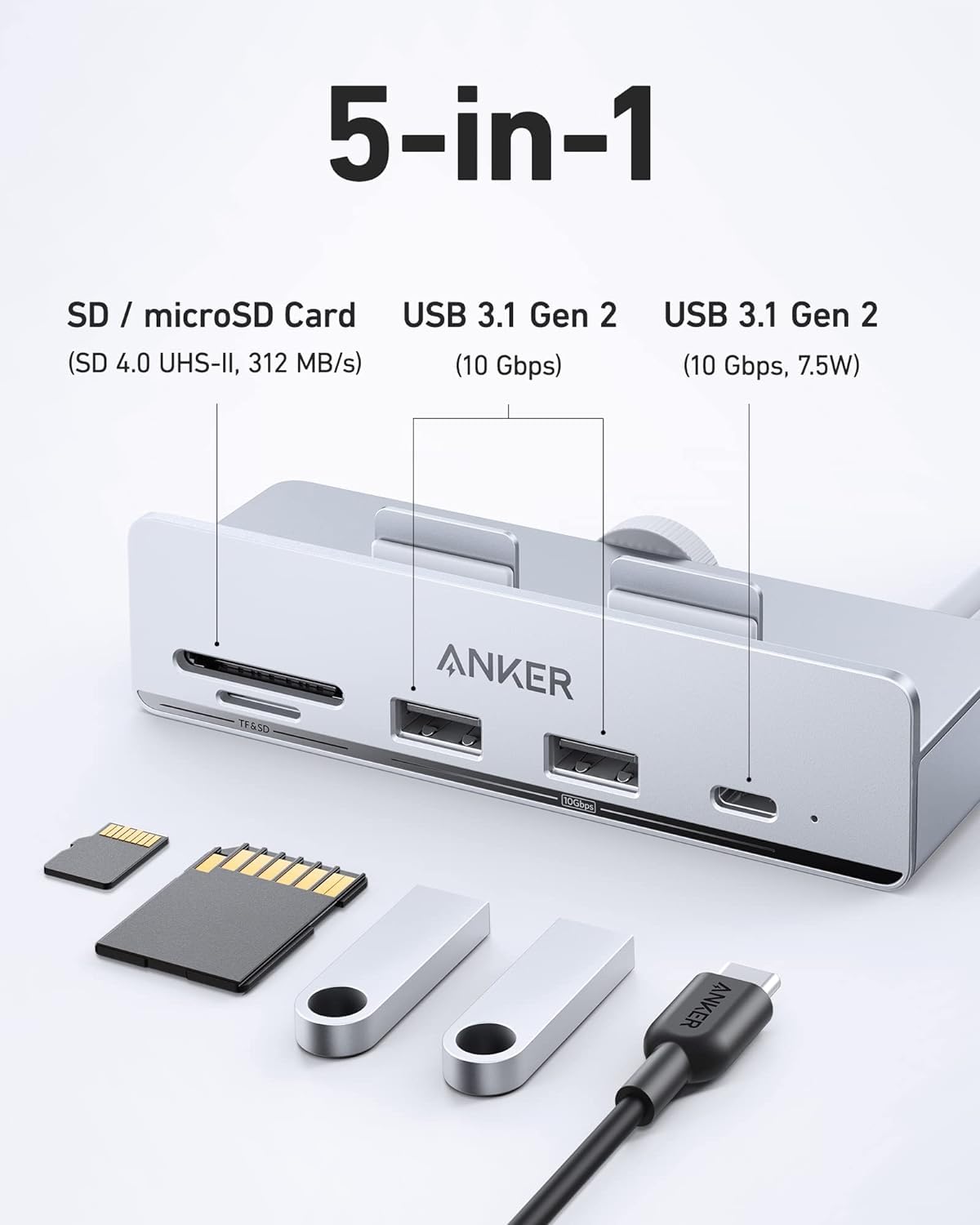 Anker 535 USB C Hub (5-in-1), with 2 USB-A 10 Gbps Data Ports, USB-C 10 Gbps Port, SD and microSD Card Reader, for iMac Pro / iMac 24 inch 2021 / iMac 27 inch / 21.5 inch