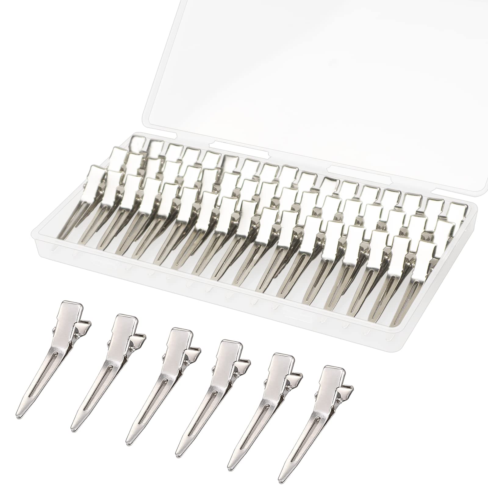 60 Pcs Metal Duck Billed Hair Clips for Women Styling Sectioning, Gingbiss 1.77" Silver Hairdressing Single Prong Curl Clips with Storge Box, Alligator Clips Hair Pins for Hair Salon, Barber, DIY