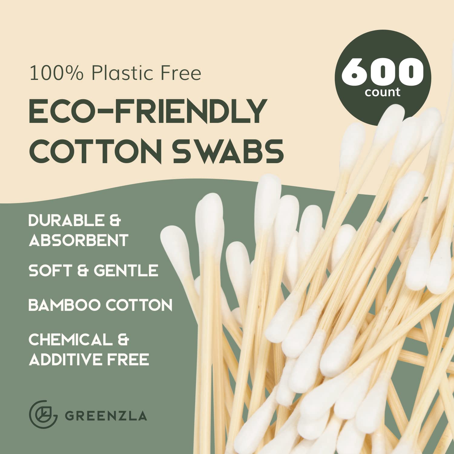 Greenzla Organic Cotton Swabs 600 Pack - Biodegradable Vegan Bamboo Cotton Buds with Plant-Based Packaging, Wooden Ear Swabs with Soft & Gentle Cotton Tips, Comes with Eco-Friendly Cotton Swab Holder