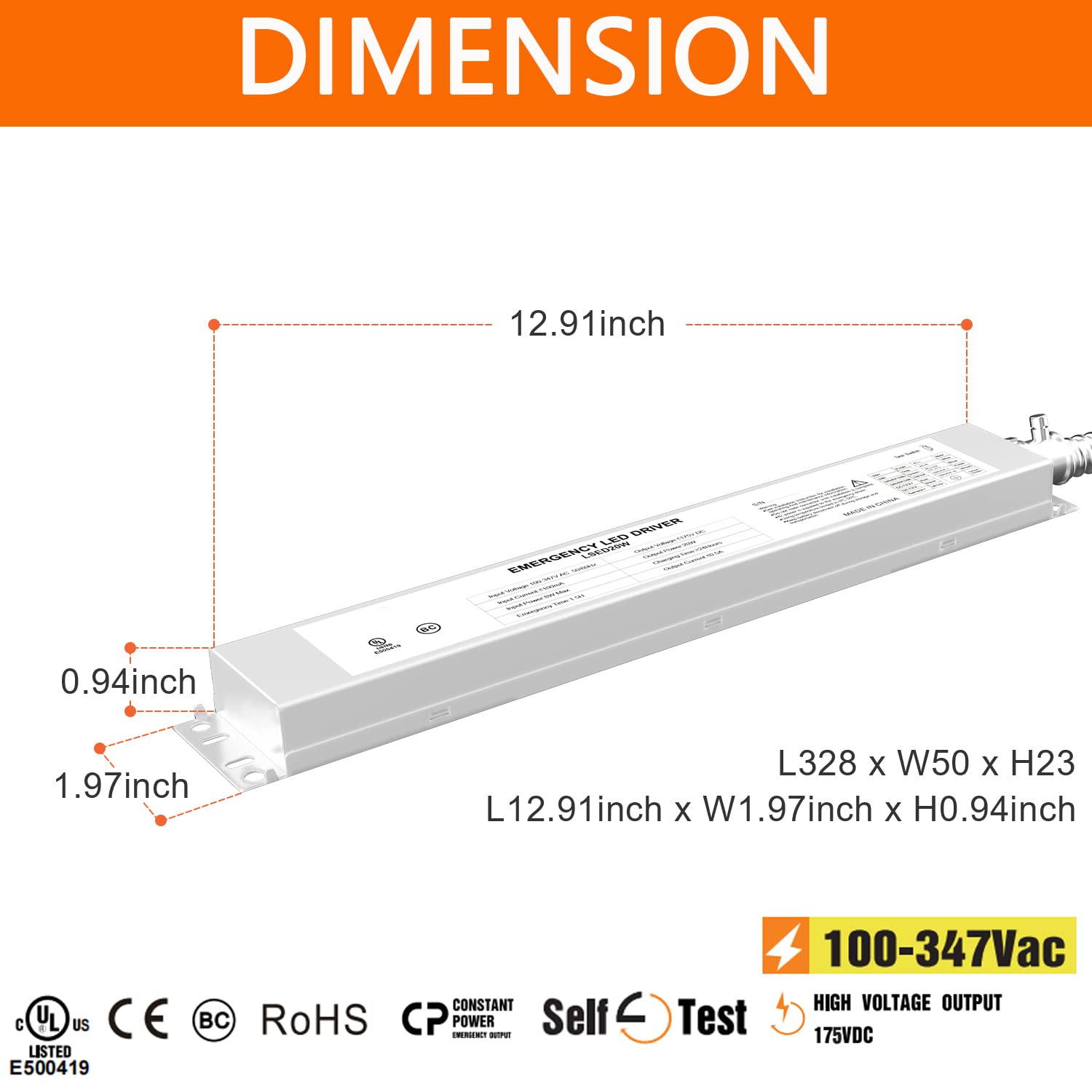 LED Emergency Backup Driver 20W, 100-347V AC 175V DC Over 90 Mins Emergency Time, 0/1-10V Dimmable Emergency LED Driver, Rechargeable UL Listed Backup Battery for LED Recess, Panel and Linear Lights