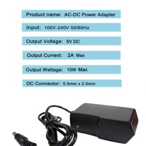 5Volt 2A DC Power Supply Adapter 5V Power Supply 10W AC Adapter 100V-240V AC to DC 5V 2A 1A Power Adapter Transformers Replacement Power Cord 5.5mm*2.5mm DC Plug