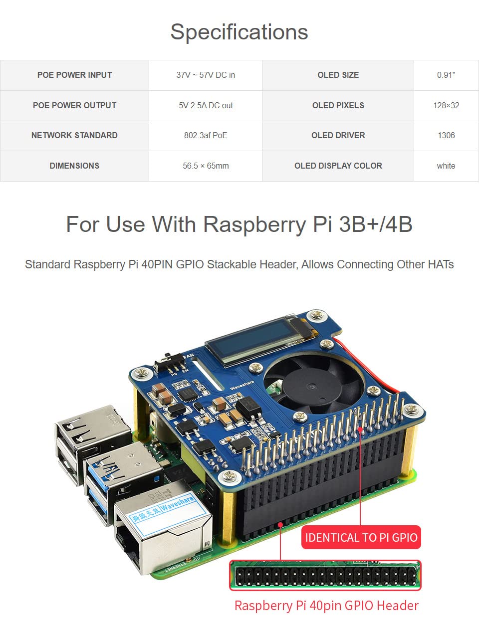 Waveshare PoE HAT (B) Power Over Ethernet HAT Supports Raspberry Pi 3B+ and 4B, 802.3af PoE Network