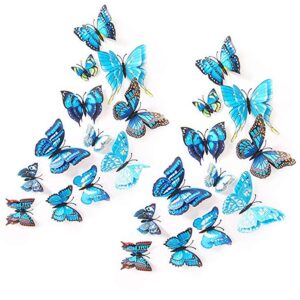 Tuxiaobu 24PCS Butterfly Wall Decal, Removable Refrigerator Magnets Mural Stickers, 3D Wall Stickers for Kids Home Room Art Decorations Wall, Double Wings - Blue