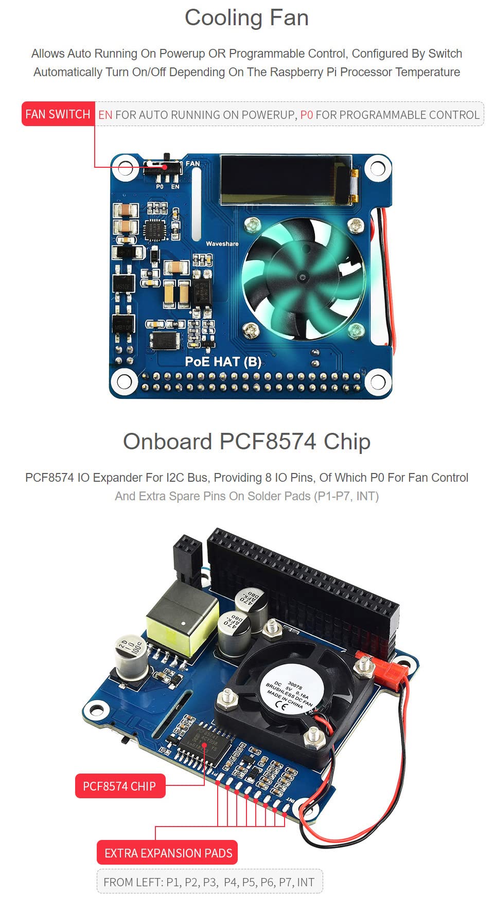 Waveshare PoE HAT (B) Power Over Ethernet HAT Supports Raspberry Pi 3B+ and 4B, 802.3af PoE Network